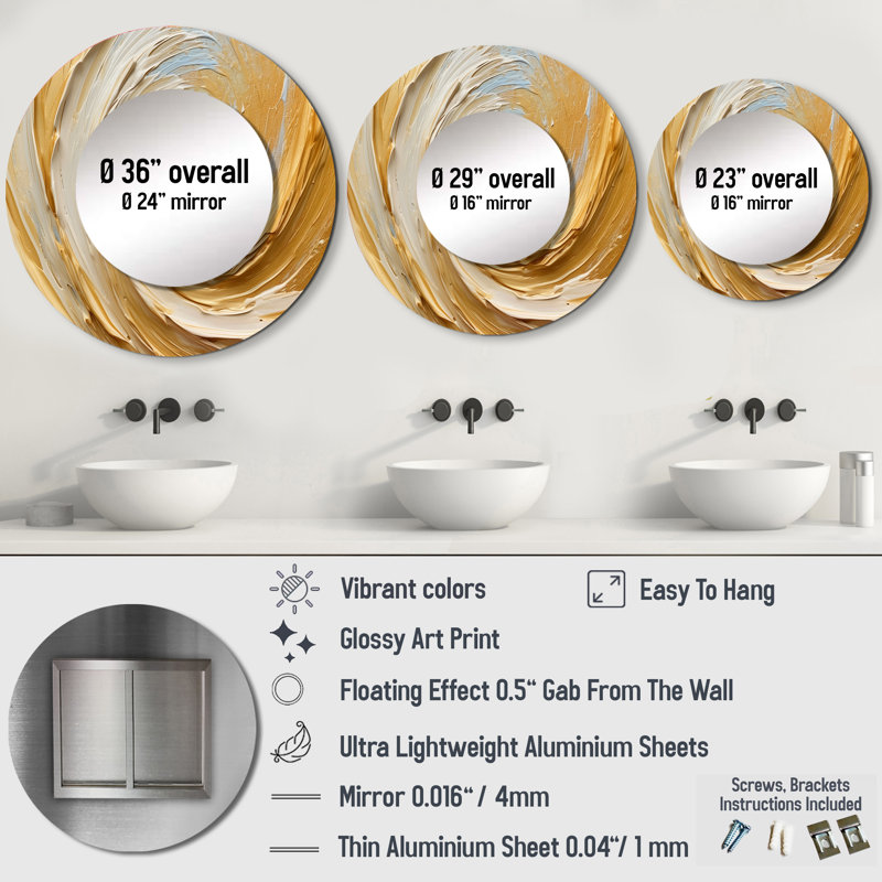 Gold Cream Infinite Swirls II - Abstract Spirals Decorative Wall Mirror, Modern Large Round Mirror, Printed Metal Art