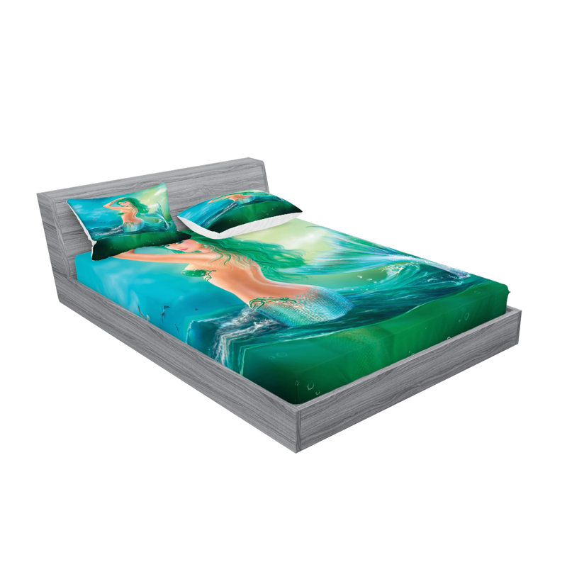 Drap-housse et coussin décoratif bleu vert Ambesonne, Ensemble de draps pour très grand lit californien