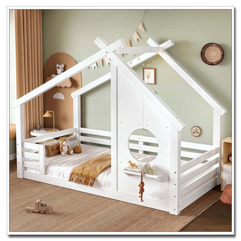 House Floor Bed with Window and a Small Shelf, Lit simple, Blanc