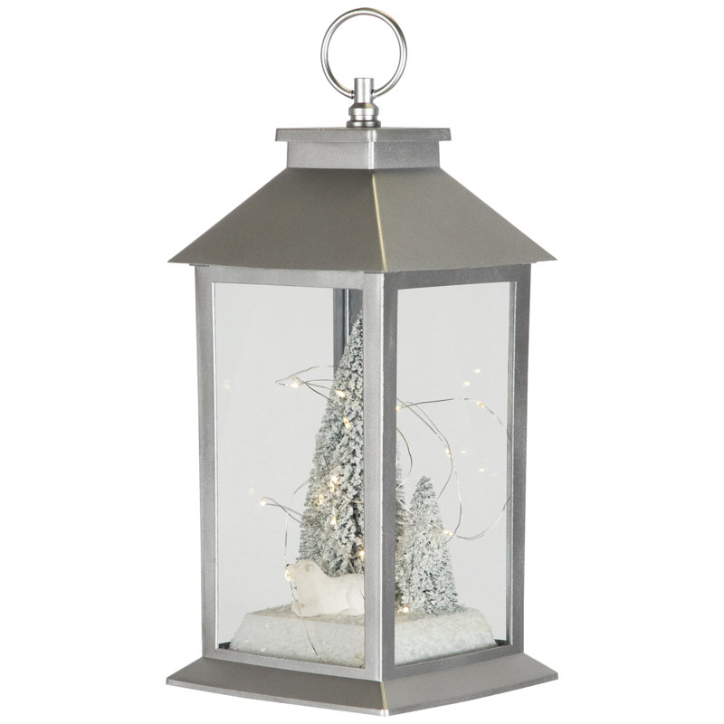 LED Lighted Polar Bear And Flocked Trees Christmas Lantern - 11"