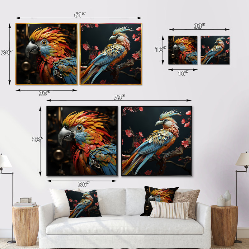 Ensemble de 2 oiseaux oiseaux expressionnistes, Cadre flottant noir, H 16 po x l 33 po