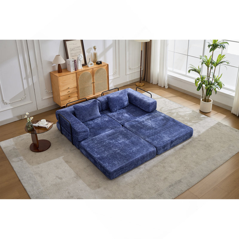 Canapé à compression, canapé-lit à plancher convertible avec structure de forme fixe, canapé modulaire désossé sans causeuse, sans assemblage requis, tissu chenille, pour chambre de salon, bleu foncé