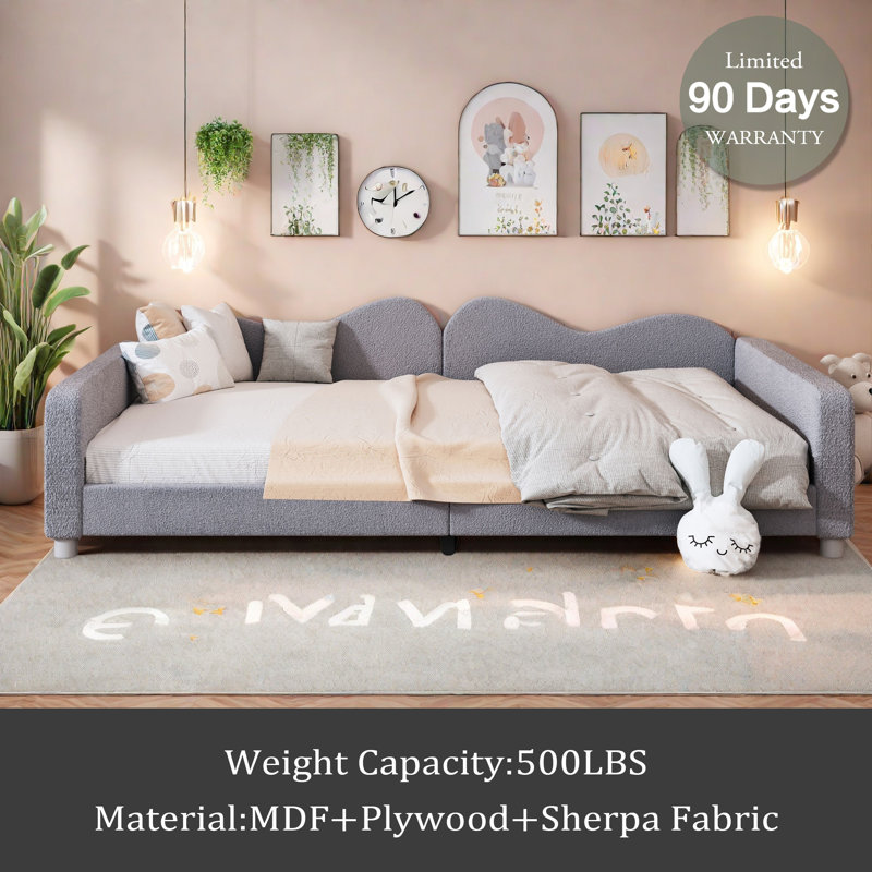 Upholstered Daybed, Sherpa Fabric Sofabed With Cloud-Shaped Backrest, No Box-Spring Needed, Gray, Full/Double