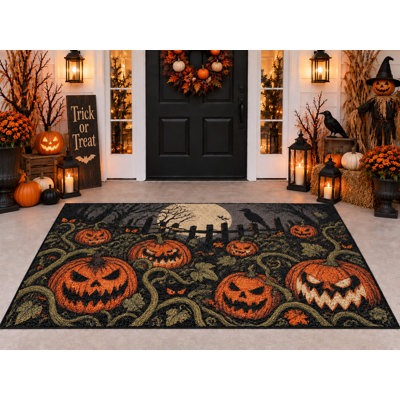 Tapis d'extérieur d'Halloween 152 x 213 cm, motif citrouilles effrayantes et lune, tapis bouclé imperméable en PVC, séchage rapide et résistant, idéal pour porche, terrasse, balcon ou entrée.
