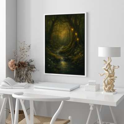 Enchanted Forest with Glowing Butterflies Mystical Fantasy Landscape - Framed Canvas Wall Art Print