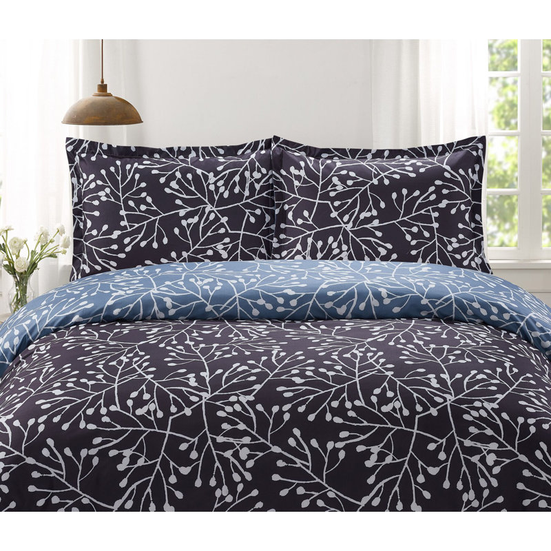 Ensemble de housse de couette réversible branches Sequoia, Gris, Couette double / grand et 2 taies décoratives
