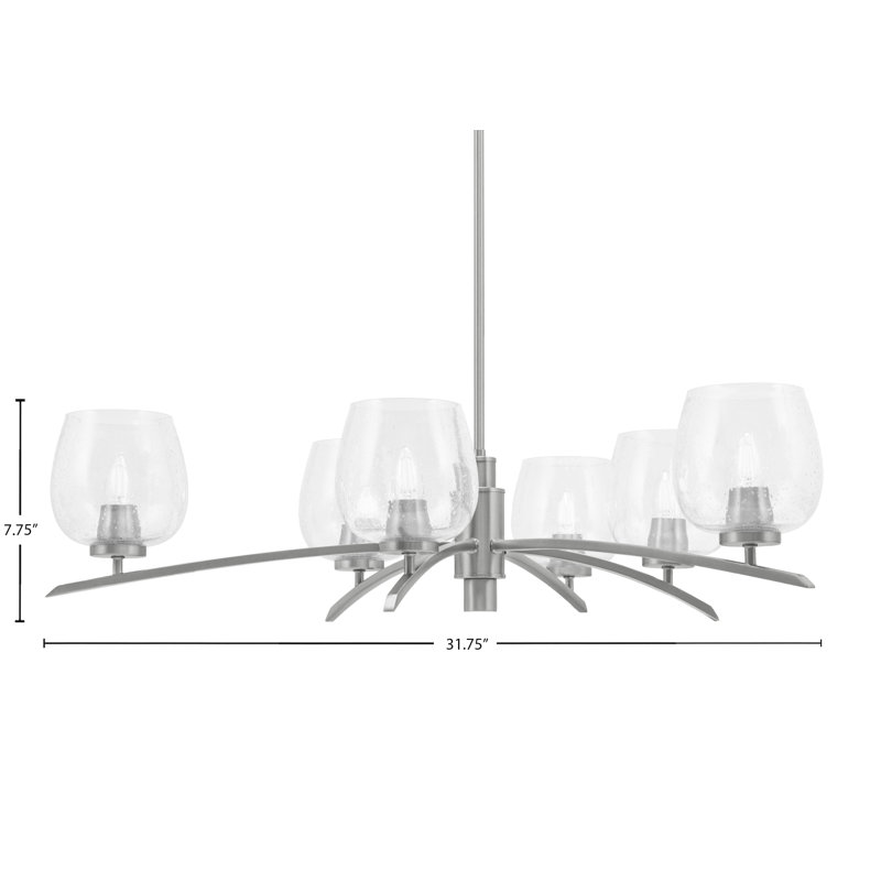 Lustre 6 lumières kurve illustré en finition graphite avec verre bullé de 6 po, Transparent