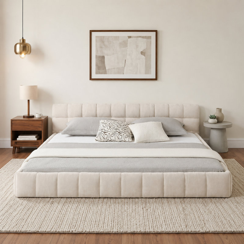 Lit plateforme moderne capitonné en tissu chenille, tête de lit capitonnée, cadre bas et stable, sommier non requis, Beige
