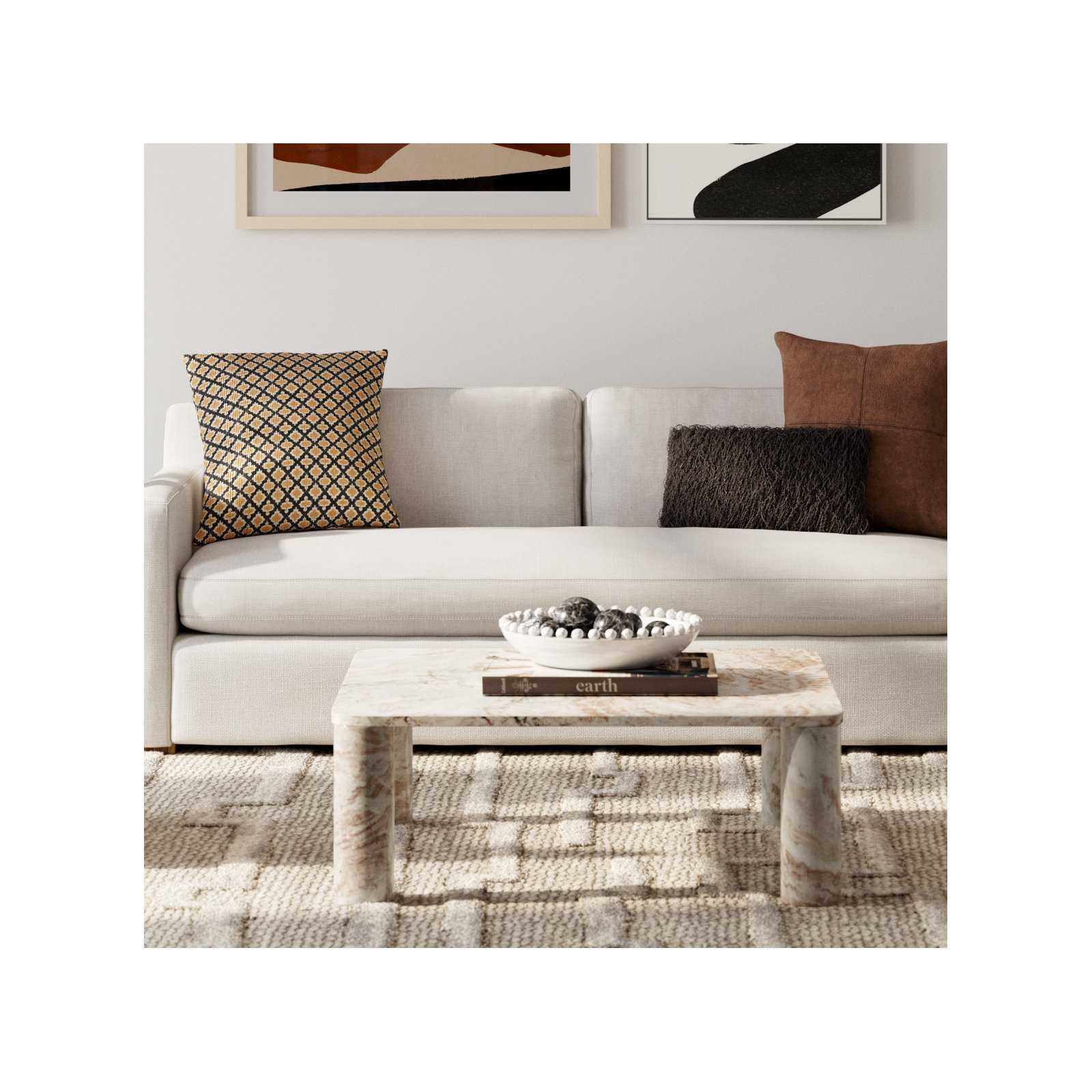 Enid Solid Marble Square Coffee Table, White/Brown