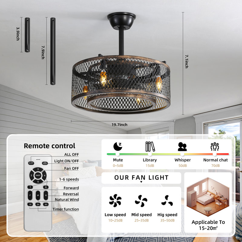 Vergel - 20 inches Caged Style Retro Indoor 8 Blade Standard Ceiling Fan with LED Light Kit Included