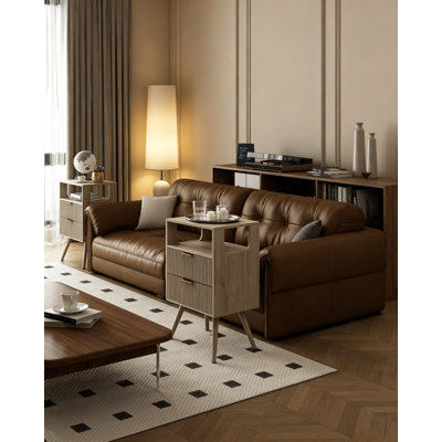 Table de chevet moderne avec 2 tiroirs de rangement et une tablette ouverte, table de chevet pour chambre à coucher et petits espaces, pieds en bois massif, finition chêne gris