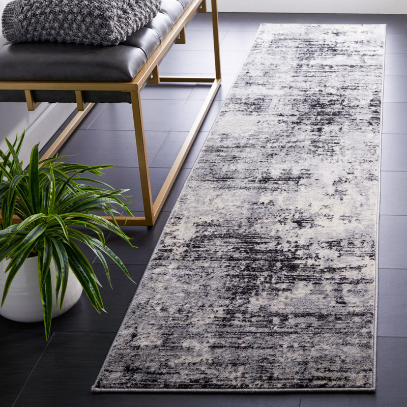 Abstract Power Loom Black/Ivory Area Rug, Runner 2' x 9'