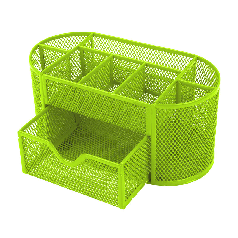 Organisateur de bureau en maille de métal vert avec 9 compartiments et tiroir coulissant, Vert