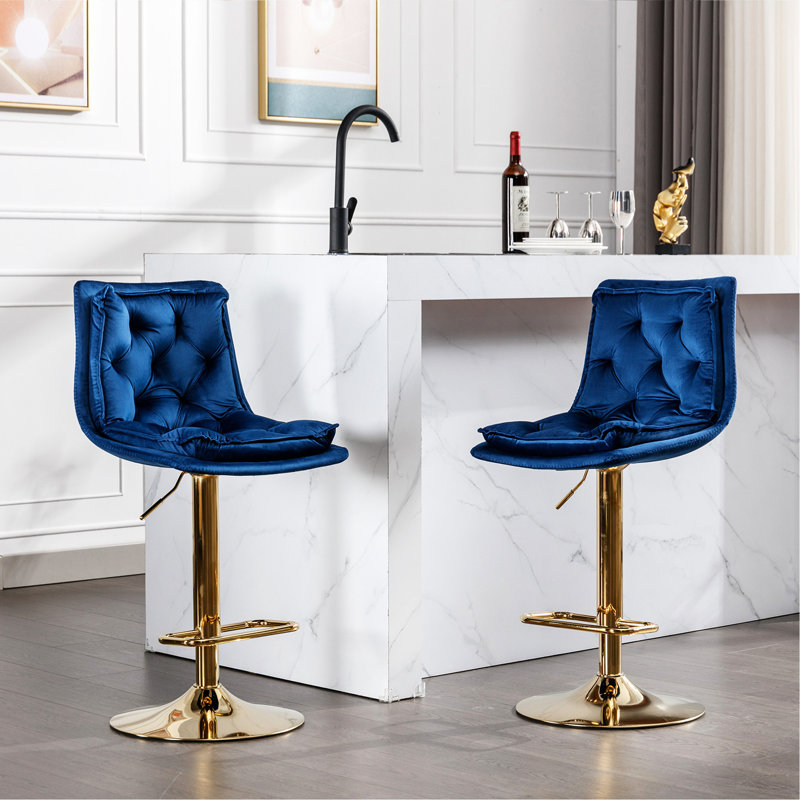 Of 2 Bar Stools In Blue, Velvet Covering, Footrest And Base, Adjustable Height Rotating Feature Blue Velvet, With Swiveling, Strong Base