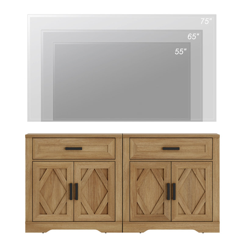 Laziza 63"W Large Modern Farmhouse Large Storage Sideboard Cabinet With Barn Doors & Drawers, Scratch-Resistant Tree Bark Finish