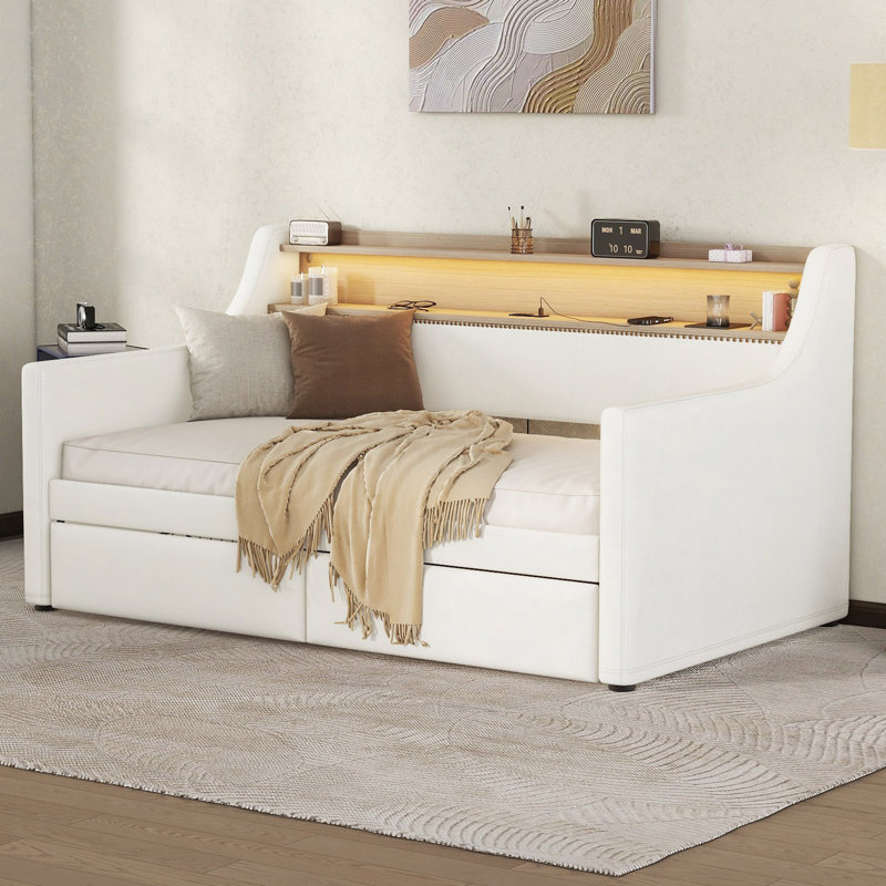 Lit de jour simple rembourré avec lumières DEL Wingo, Blanc