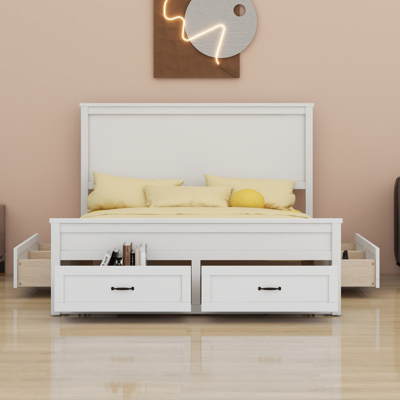 Base de lit en bois avec tiroirs, Blanc