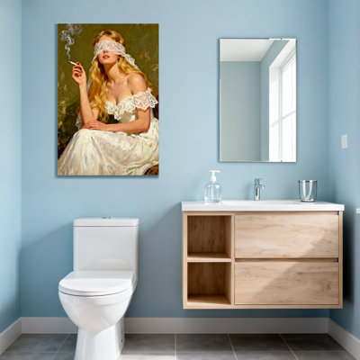 Fashion Blonde Woman In White Dress Smoking Cigarette With Lace Blindfold - Picture Frame Print on Canvas