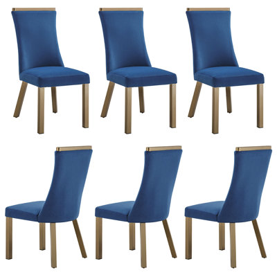 Chaises de salle à manger en velours bleu imperméable, pieds en acier inoxydable couleur champagne et garniture supérieure en métal décoratif, ensemble de 6