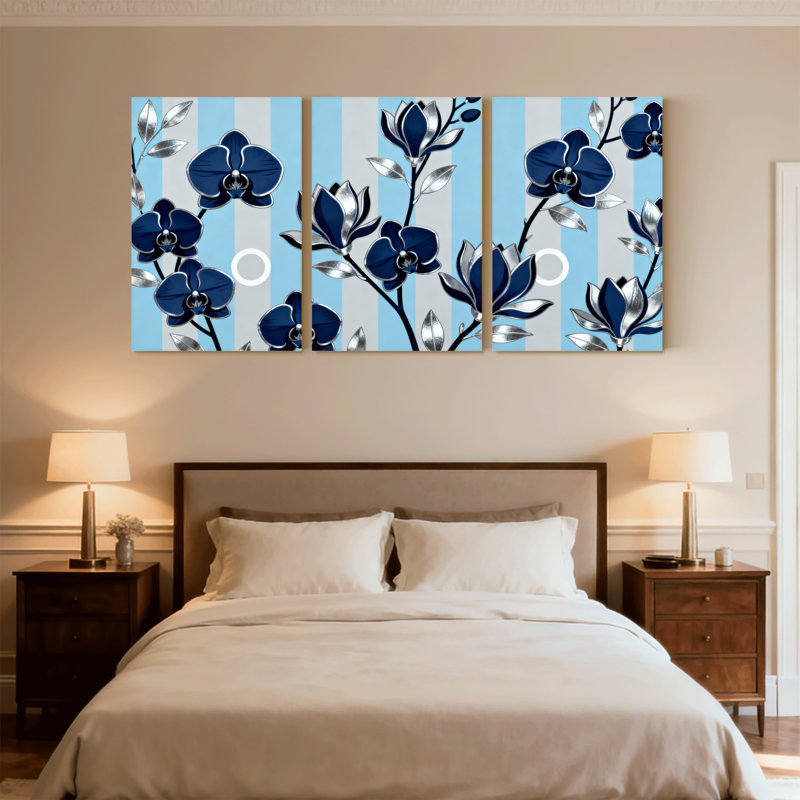 Plantes et fleurs, fleurs bleues, feuilles d'argent, fond rayé, ensemble de 3 impressions sur toile, H 30 po x l 60 po