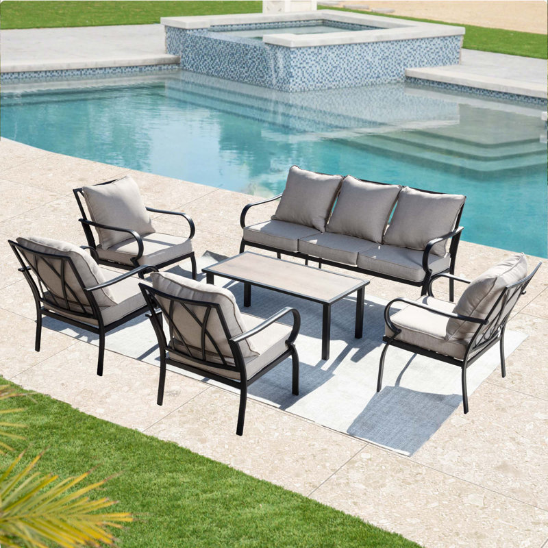 Ensemble de conversation pour patio 7 personnes avec coussins - canapé 3 places, 4 chaises fixes et table basse, ensemble de conversation en métal toutes saisons pour cour, jardin et balcon