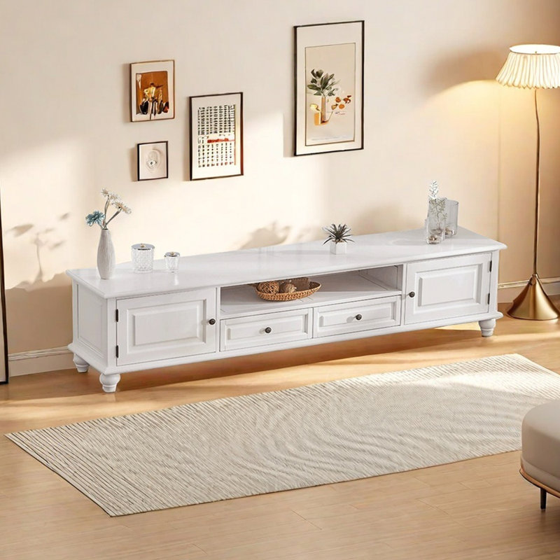 Meuble télé en bois massif cerisier, Blanc / Blanc, H 20,86 po x L 78,74 po x l 17,71 po