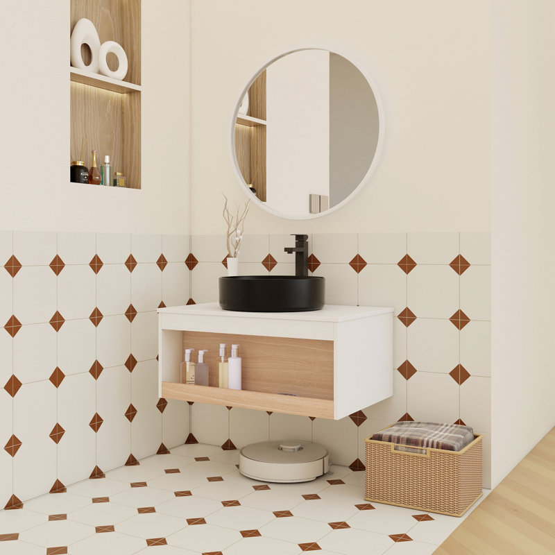 Meuble-lavabo flottant de 30 pouces avec vasque ronde et tablette ouverte, Noir mat