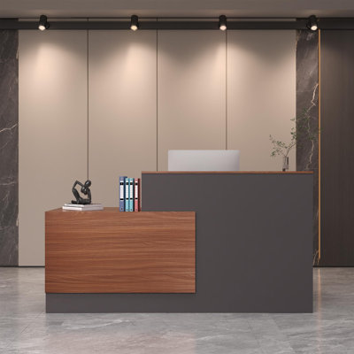 Bureau de réception en L 70,9 po avec grain de bois et finition gris foncé, classeur verrouillable, plateau à clavier et tiroirs de rangement pour le hall d'entrée et la réception, à gauche