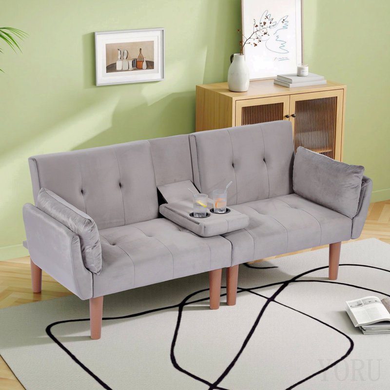 Canapé double pliable gris de 72 pouces, revêtement en velours doux, canapé confortable pour 2 personnes.