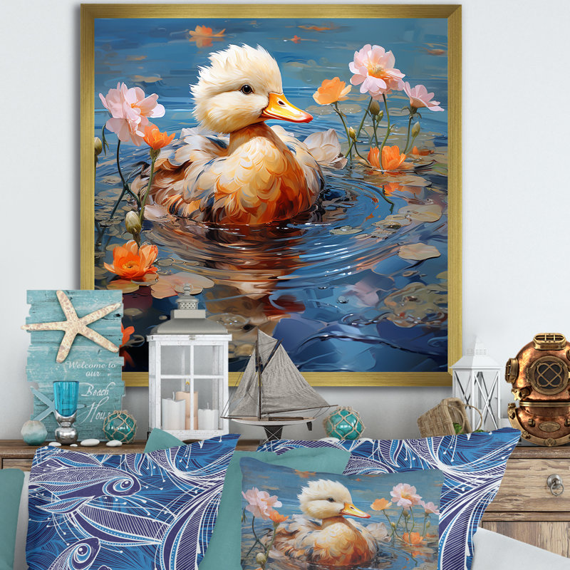 «Ducklings Morning Quack Lake I», art mural canard, Cadre doré simple, H 16 po x l 16 po x P 1 po