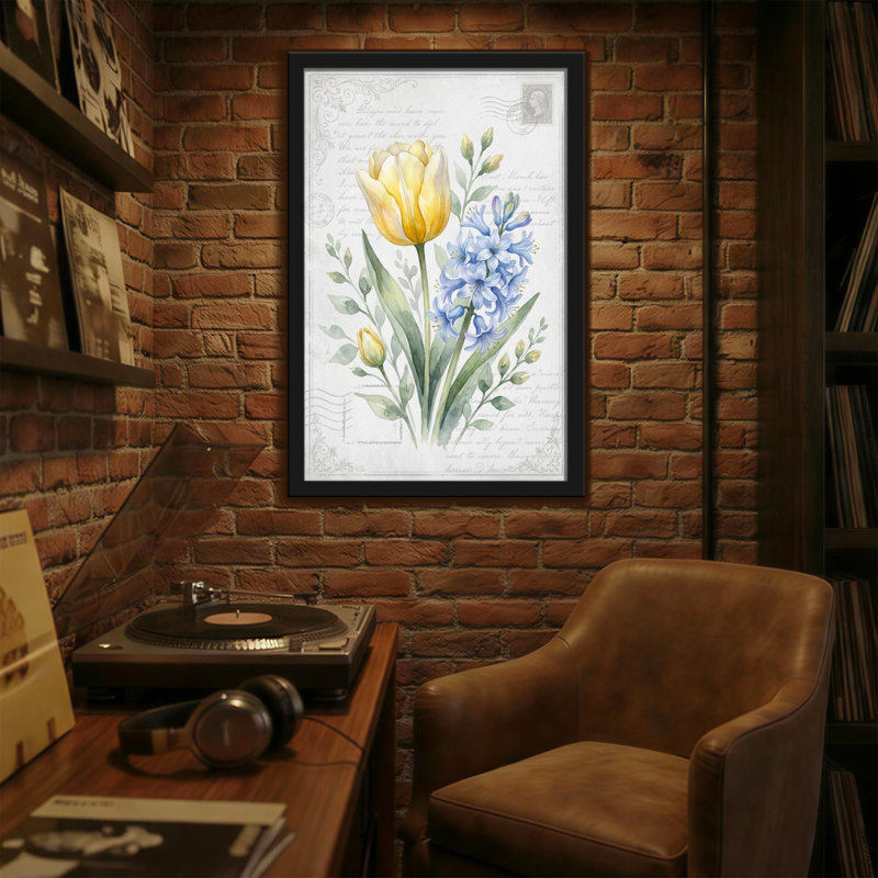 Plantes et fleurs, tulipe jaune, jacinthe bleue, motif floral, H 24 po x l 16 po