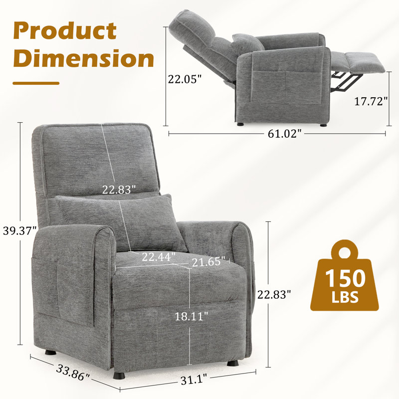 Recliner Chair, Small Recliners For Small Spaces, Electric Recliner Chairs For Adults With Memory Function, Reclining Chair With Pillow And Side Pockets