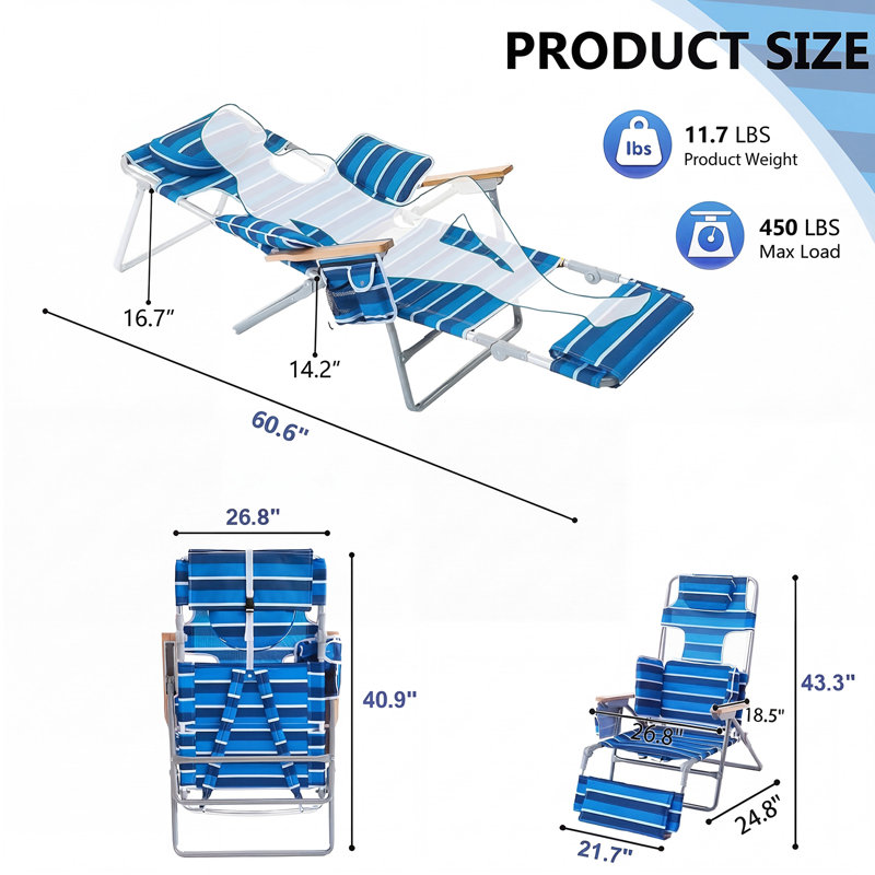 Backpack Folding Beach Chair With Adjustable Sunshade, Backrest And Footrest, Reclining Lounge Chair Facedown Tanning Chair For Beach Camping Pool Patio