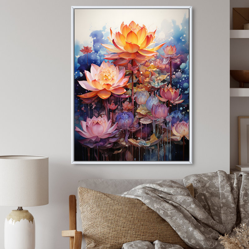 Orange orange, art bouddhiste lotus mandala - art mural bouddhisme, 16" W x 32" H, Cadre flottant blanc