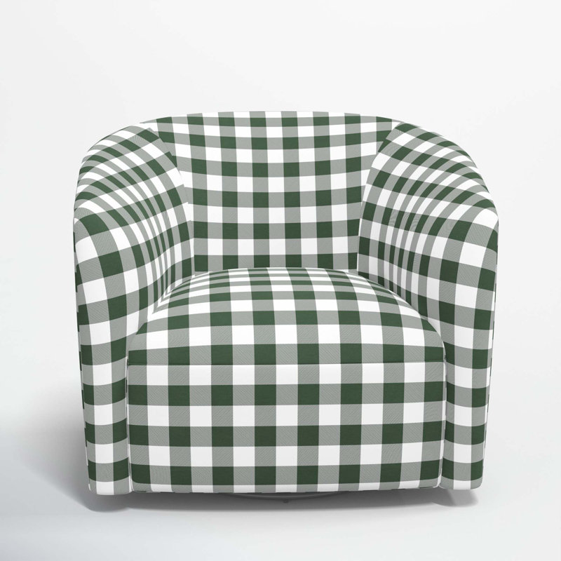 Fauteuil demi-tonneau pivotant rembourré Marita, Vert classique guingan