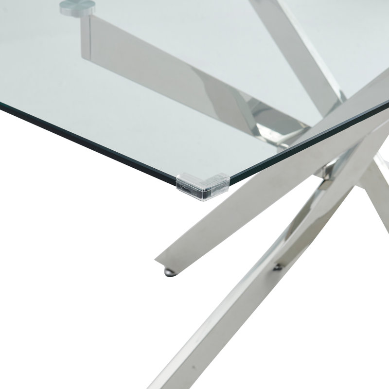 Ayva 63" Glass Dinning Table with Metal Base for 6 to 8 People, Silver