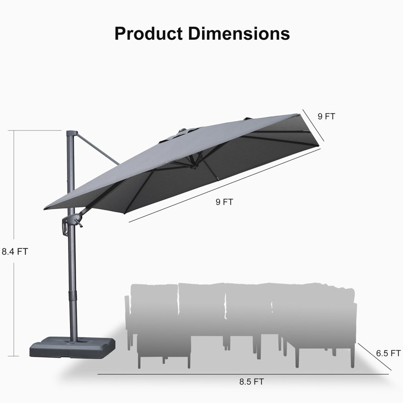 Parasol carré en porte-à-faux 9 pi avec tissu recyclé résistant à la décoloration et rotation à 360 degrés, Gris brumeux