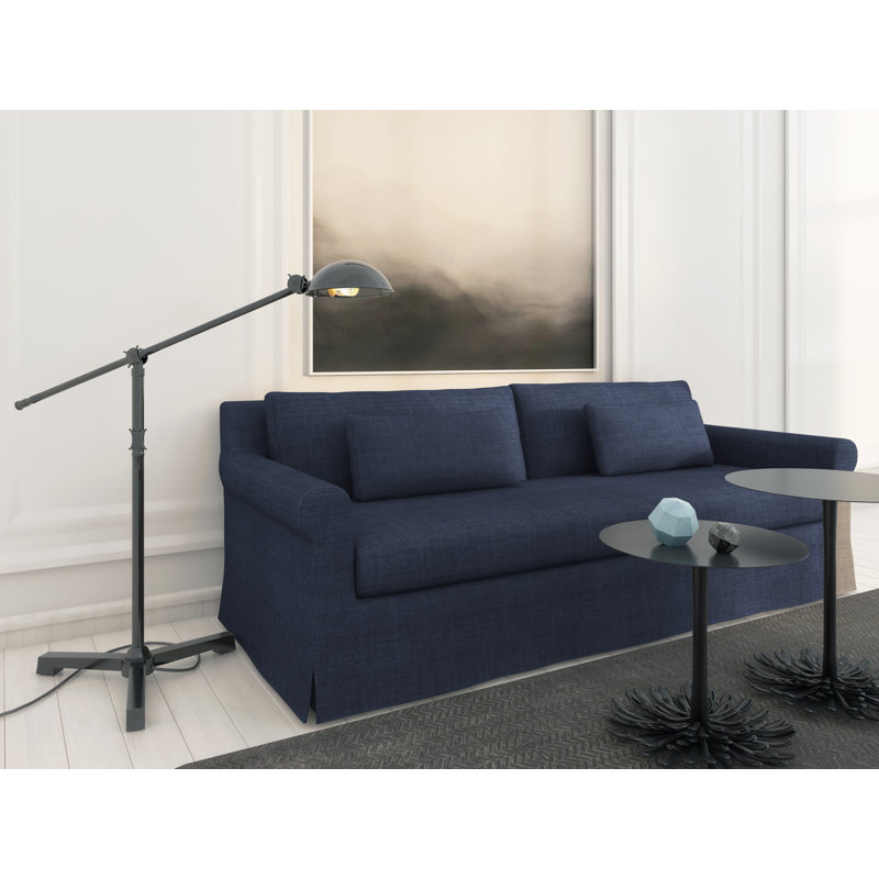 Ludlow Rolled-Arm Skirted Sofa, Box Weave Linen Blue Print, 34" H x 96" W x 38" D, Weathered