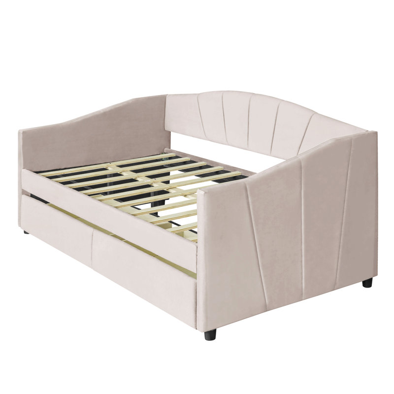 Upholstered Daybed Twin Size With Two Drawers And Wood Slat, Beige