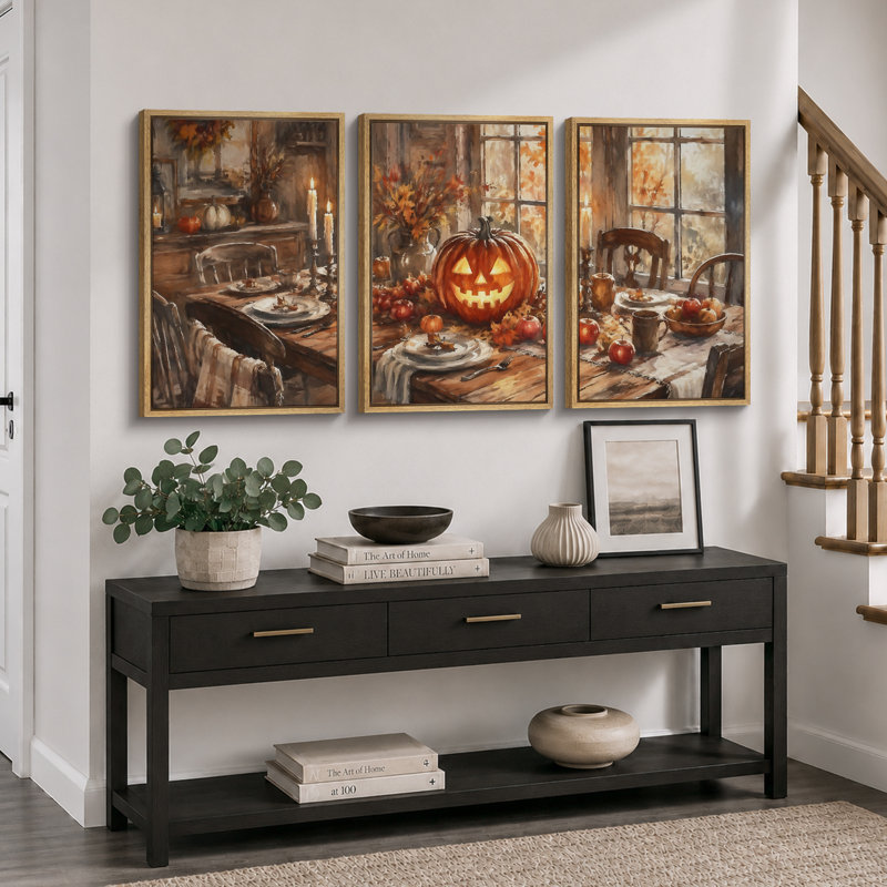 «Rustic Jack O Lantern», art de la salle à manger, photos de la salle à manger, impression sur toile encadrée, impression sur toile, 3 pièces