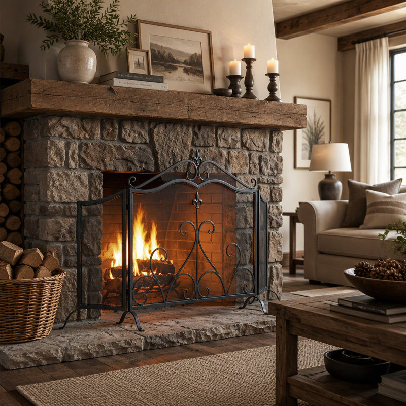 Onyx 3-Panel Iron Fireplace Screen 54" x 31.5", Black Finish