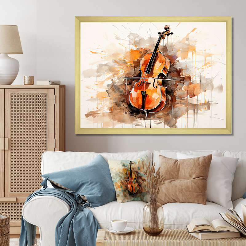 Cello Contour Rich Brown II - musique sur toile, Cadre doré simple, H 24 po x l 32 po x P 1 po