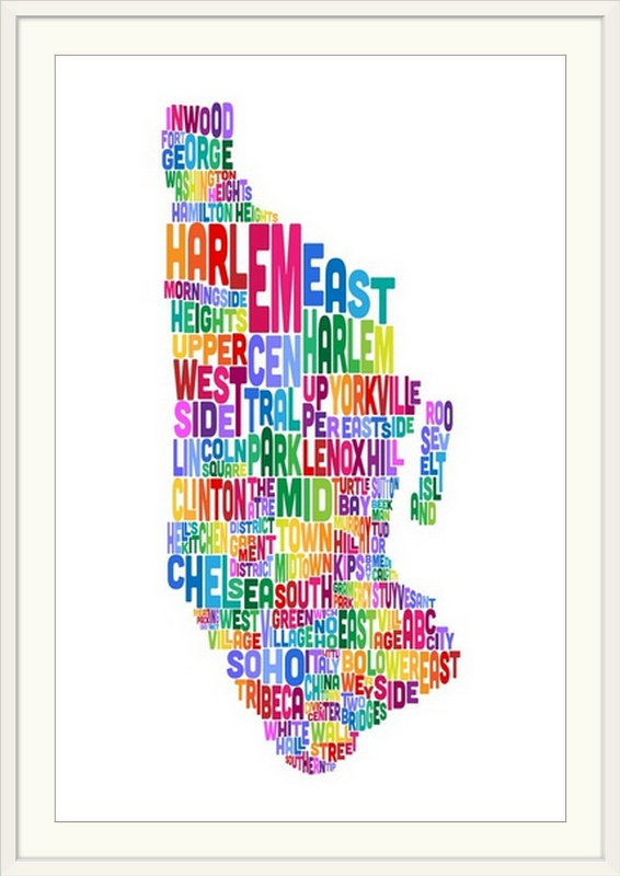 Francy «Manhattan New York Typographie Text Map, White Fond» par Abarca, art textuel, H 26 po x l 20 po x P 1 po, Cadre blanc