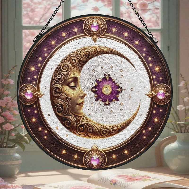 Panneau de vitrail lune pour fenêtre, 6,3 x 6,3 po (16 x 16 cm)