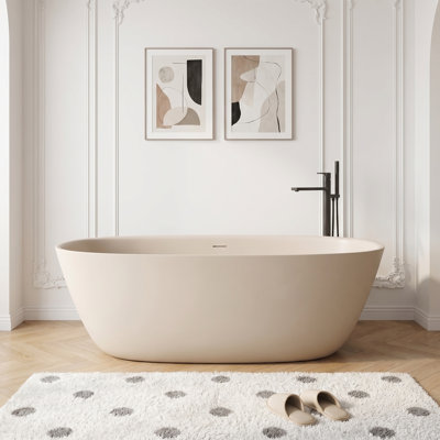 55" Elegant Oval Stone Resin Freestanding Bathtub, Solid Surface Soaking Tub With Drain & Integrated Slotted Overflow - Bisque