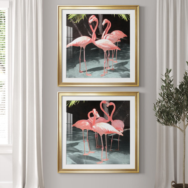 Flamingo Inlet I - ensemble de 2 reproductions d'art graphique, H 26,5 po x l 53 po x P 1,5 po, Papier encadré doré, Blanc
