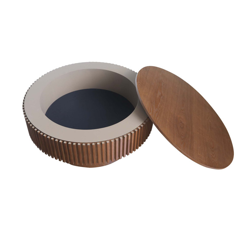 31.5" Modern Round Coffee Table With Storage Solid Wood Veneered Coffee Table Accent Tea Table, Walnut