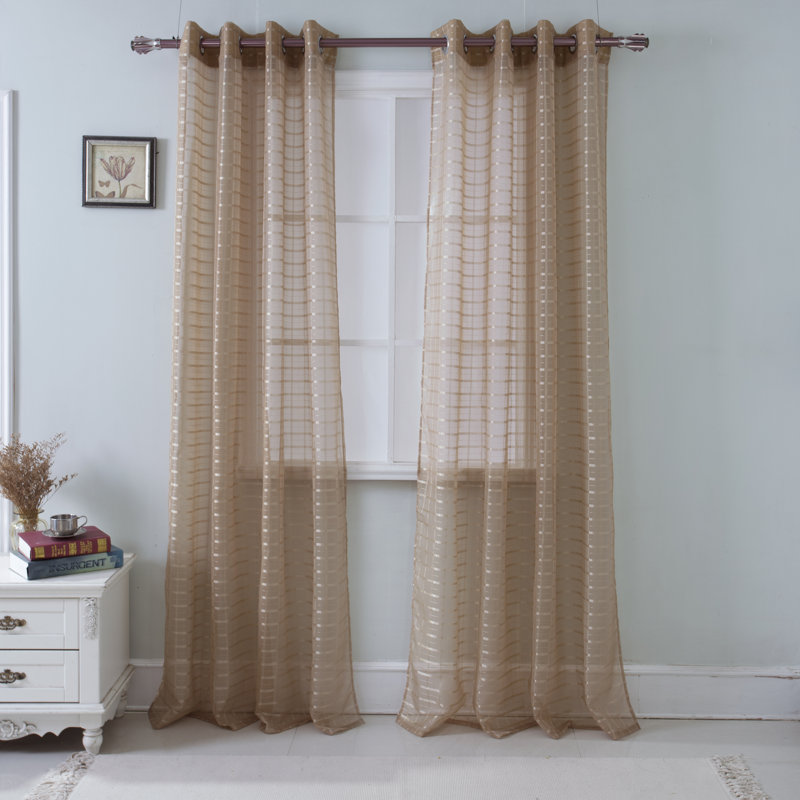 Jardine Plaid Stripe Sheer Window Curtain Panel, Taupe