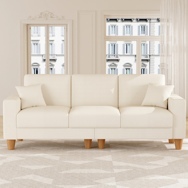 Oversize Sofa 256cm Corduroy Sofa with 3 Seats, No Tool Assembly,Solid Wood Frame and Solid Wood Legs, Beige