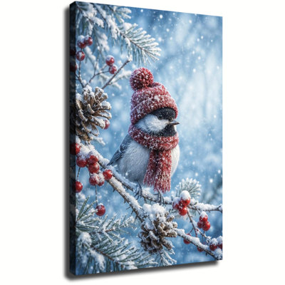 Mignonne mésange à tête noire portant un bonnet et une écharpe rouges en tricot, perchée sur une branche de baies enneigée - Décoration murale hivernale sur toile